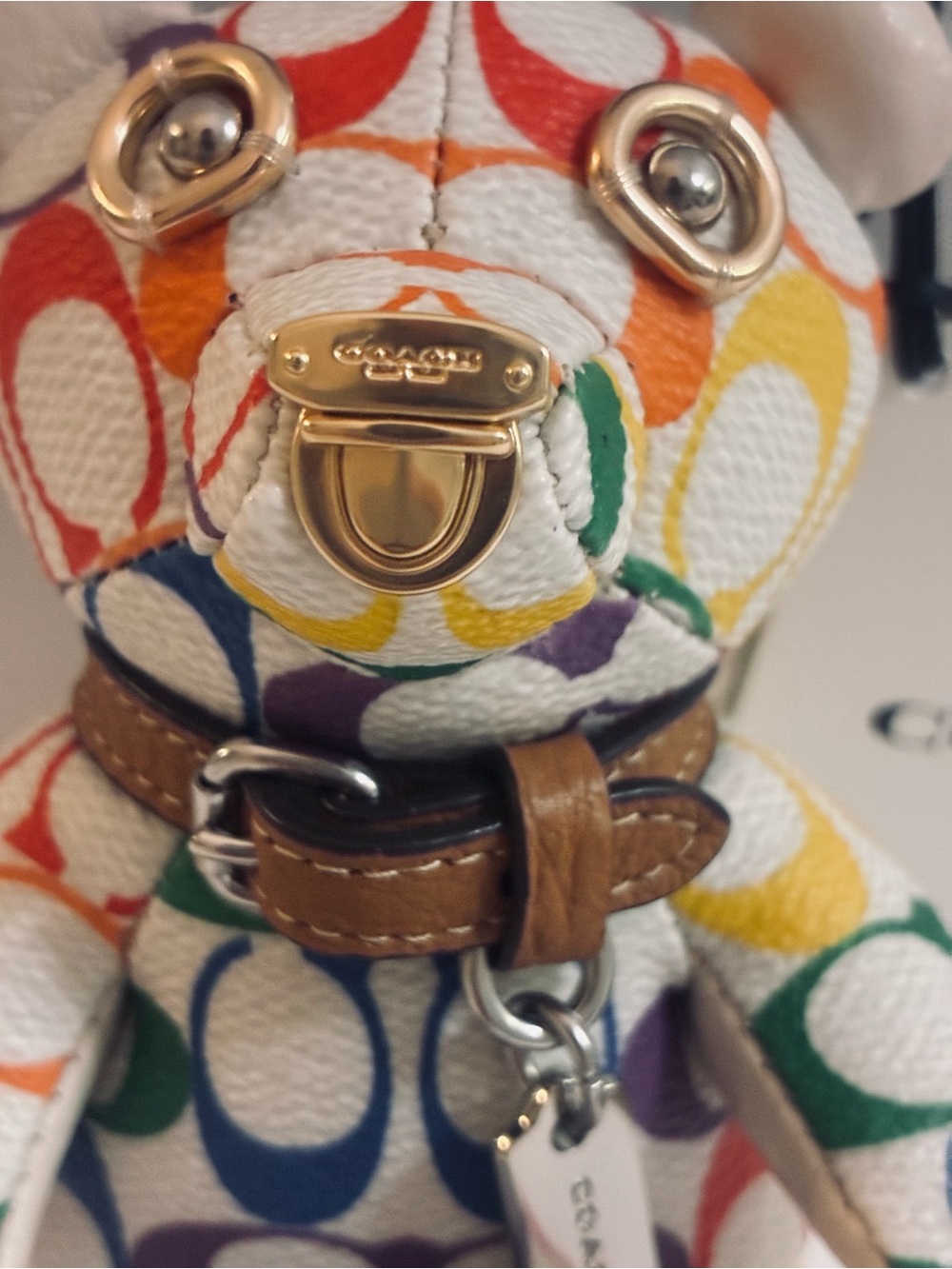 Coach CJ963 Bear Bag Charm In Rainbow Signature C Coated Canvas Keyring NWT - Picture 4 of 12
